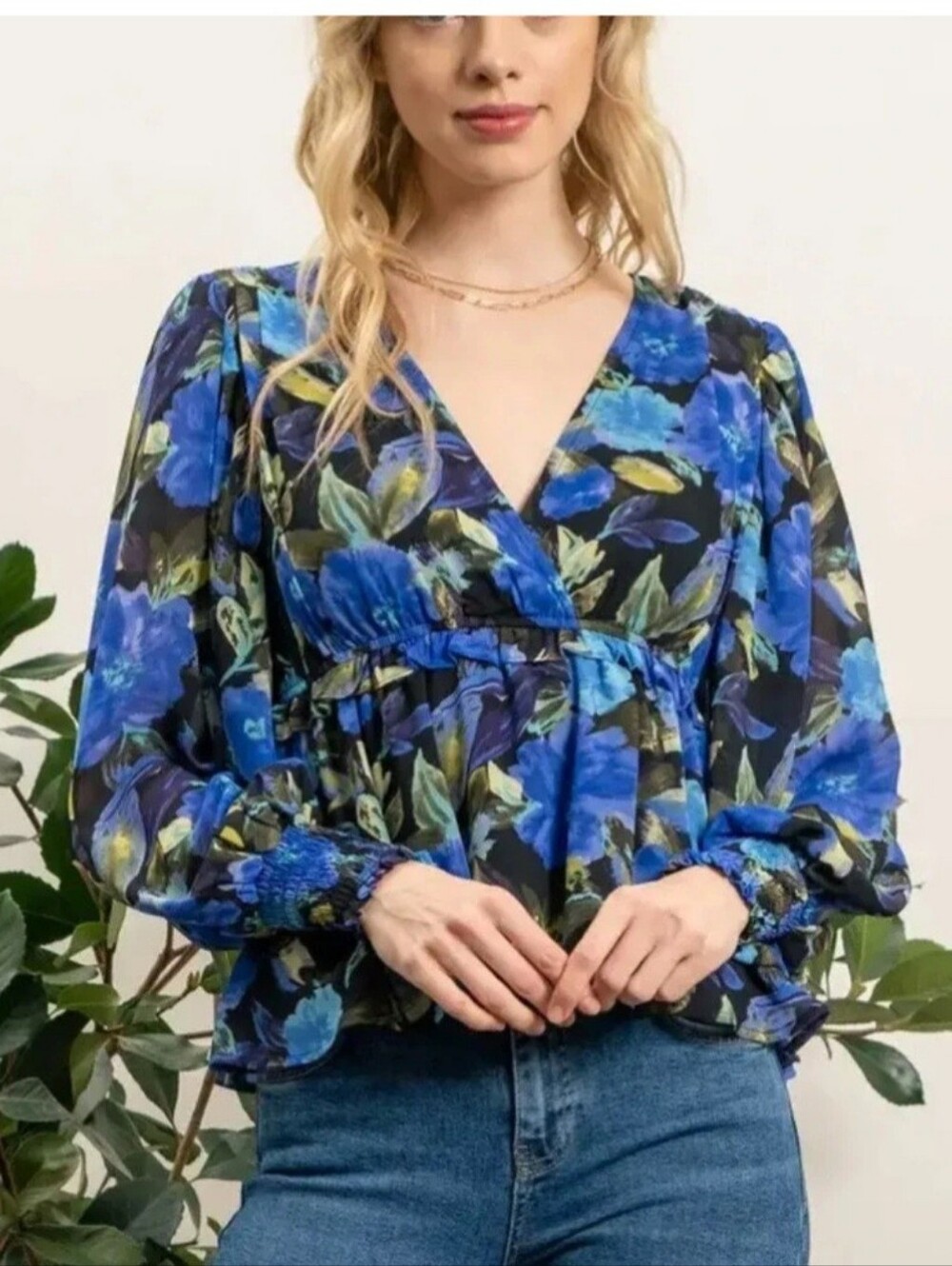 Blu Pepper Blue Floral V-Neck Peplum Blouse